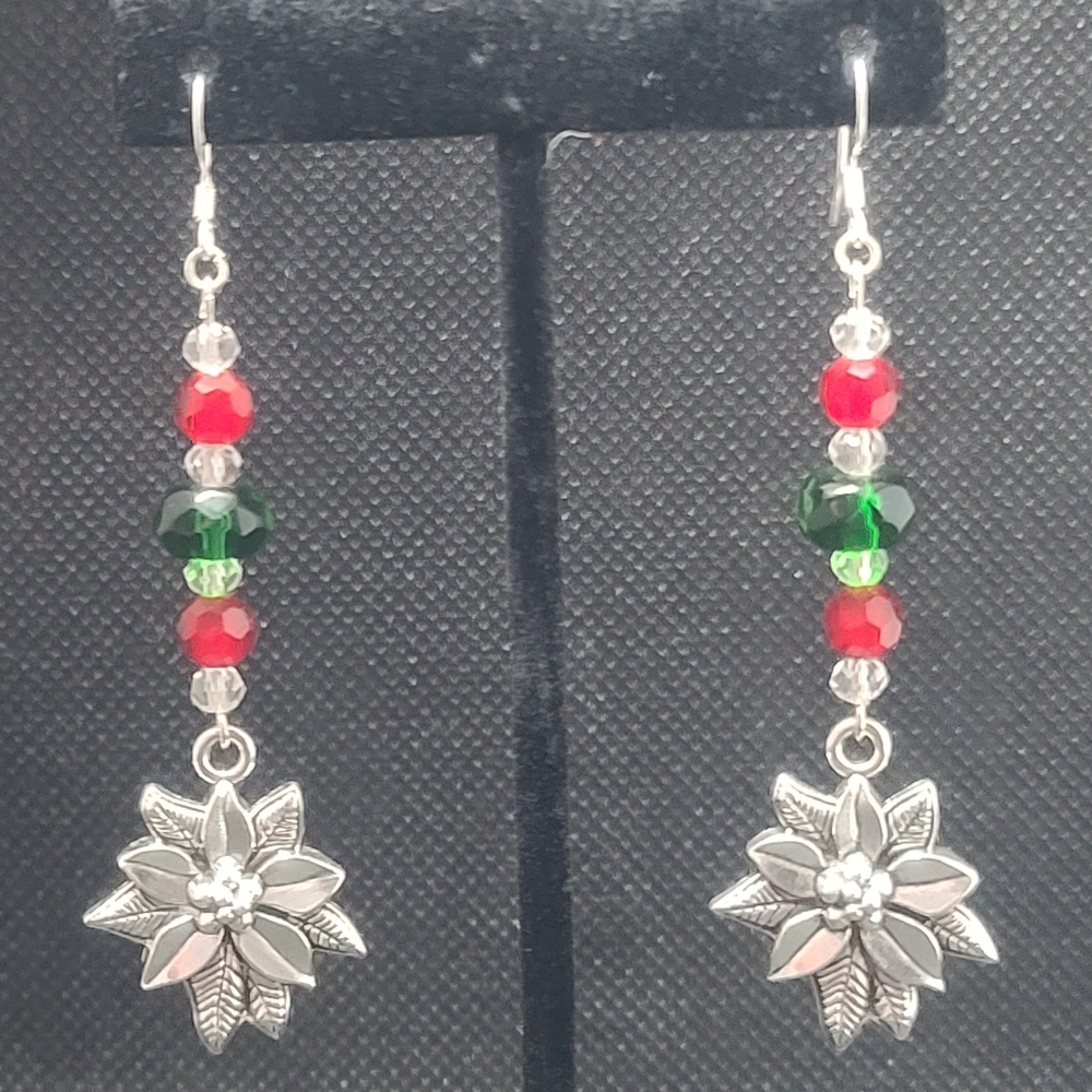 Pointsietta Earrings with Red and Green Beads